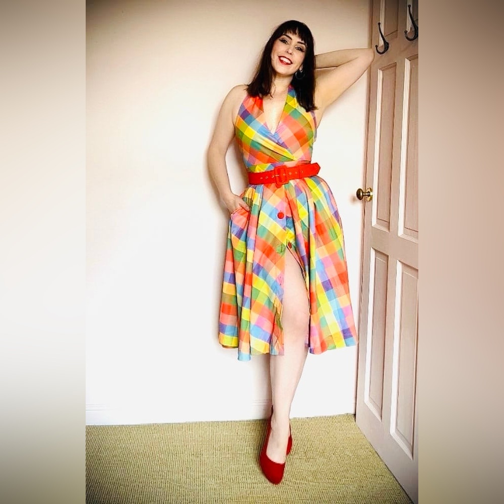 Unique Vintage Rainbow Plaid Halter Dress with Red Belt